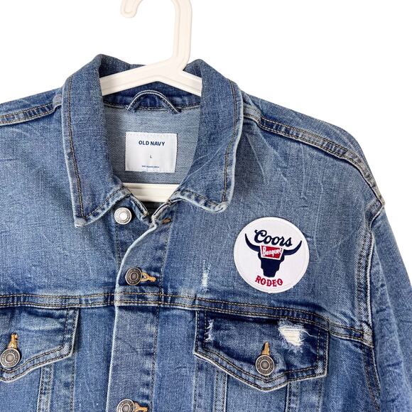 Old Navy Denim Trucker Jacket Coors Banquet Rodeo Patch Distressed L - Picture 6 of 7